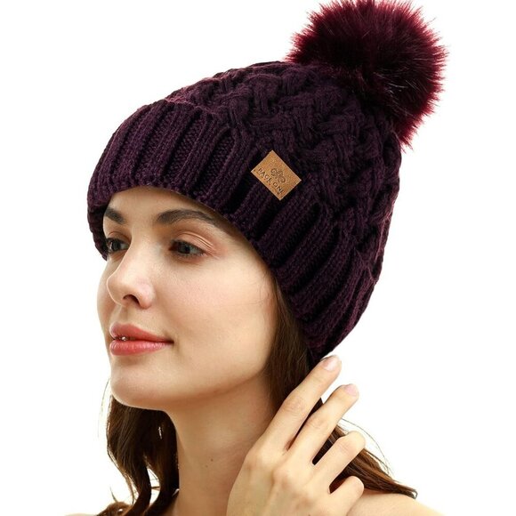 Women’s Purple Winter Ribbed Beanie Hat Chunky Cable Knit Pompom Warm main image 6